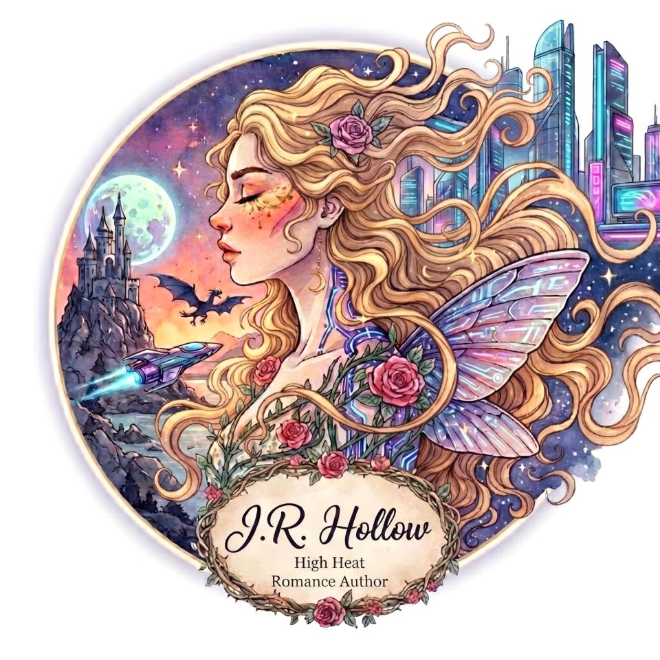 J.R. Hollow – High Heat Romance Author. A watercolour illustration of a winged heroine between a moonlit castle and a neon city.